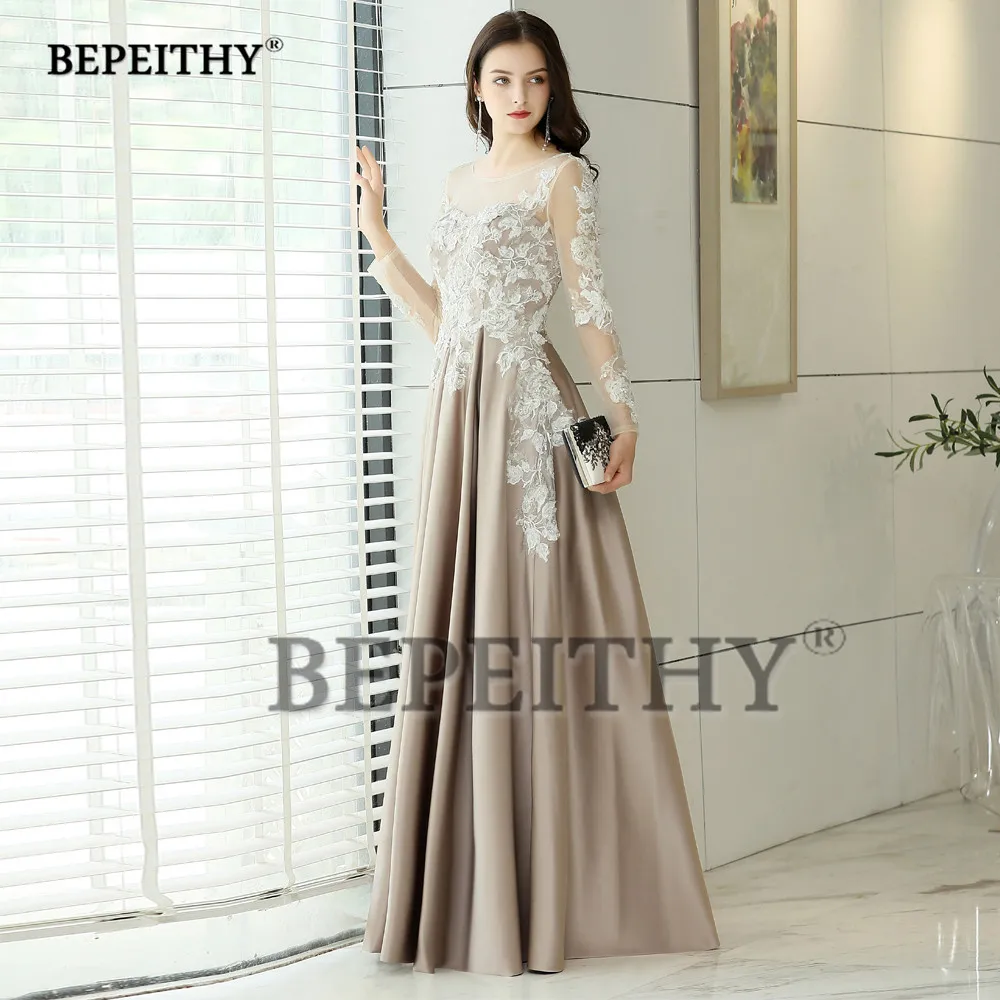 BEPEITHY Customized Full Sleeves Evening Dresses For Women O-neck Lace Appliques Prom Vestido De Noche A-line Satin Gowns Female