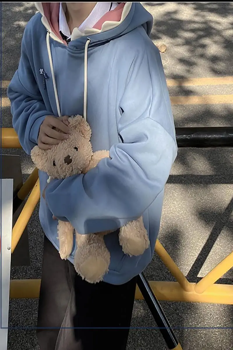 سترة بغطاء للرأس على شكل قرش كاواي ياباني لخريف 2025 - بلوفر كبير الحجم للجنسين من الصوف القطيفة مع غطاء أذن ممتع ملابس نادي للنساء 2025