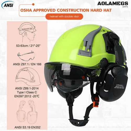Imagen 2 del producto Gorro de seguridad CE con visera con ranura de ventilación ajustable, gafas integradas, orejeras, casco de seguridad ABS, sombrero de trabajo para ingeniero de construcción ANSI, nuevo