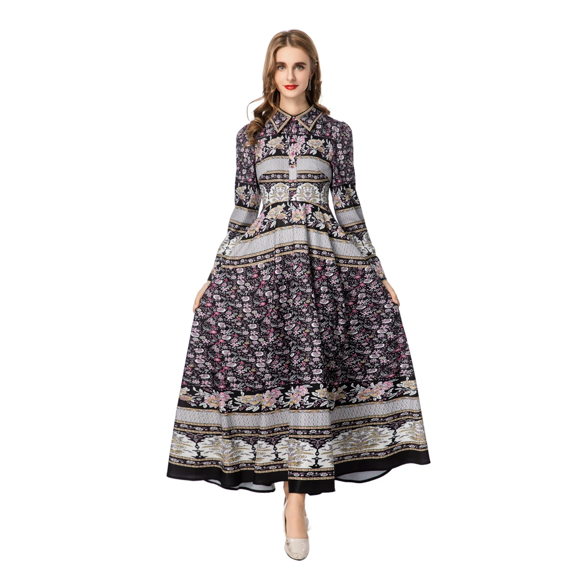 Women's Dresses Richly Patterned Long Sleeves Turn Down Collar Button - Front & A - Line Hem Vestidos