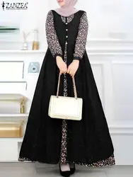 Women Autumn Patchwork Maxi Dress ZANZEA Muslim Abaya Robe Femme Vintage Long Sleeve Printed Sundress Bohemian Floral Vestidos