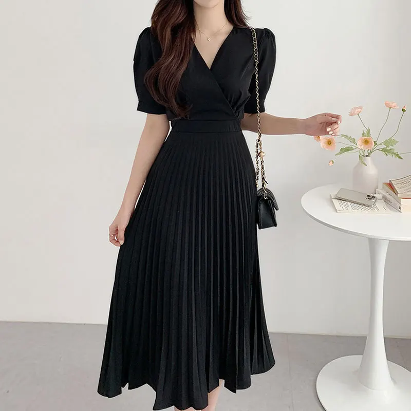 우아한 여름 여성 드레스 시크한 브이넥 퍼프 소매 허리 주름 슬림핏 미디 스커트 하이웨이스트 버블 소매 쉬폰 드레스