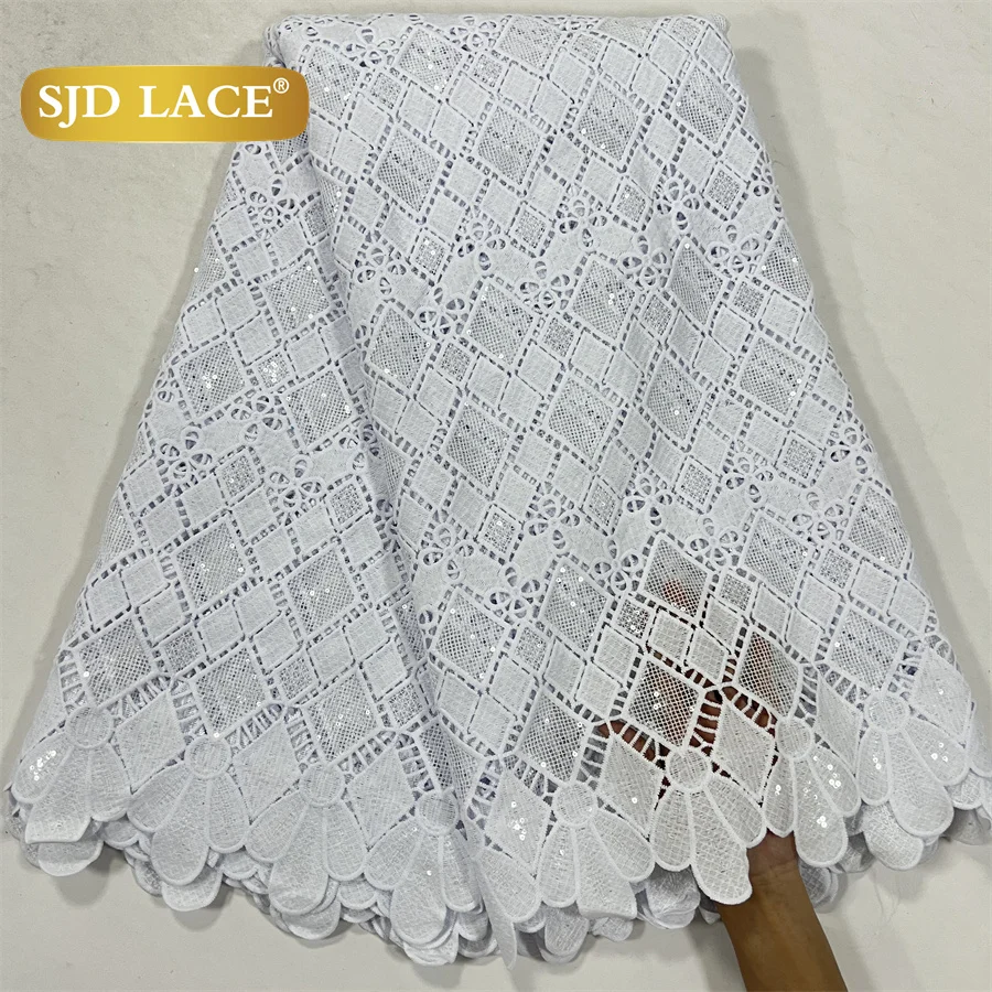 

SJD LACE Nigerian White Sequins Guipure Cord Wedding Lace Fabrics 2024 African Water Soluble Lace for Women DIY Party Dress 4070