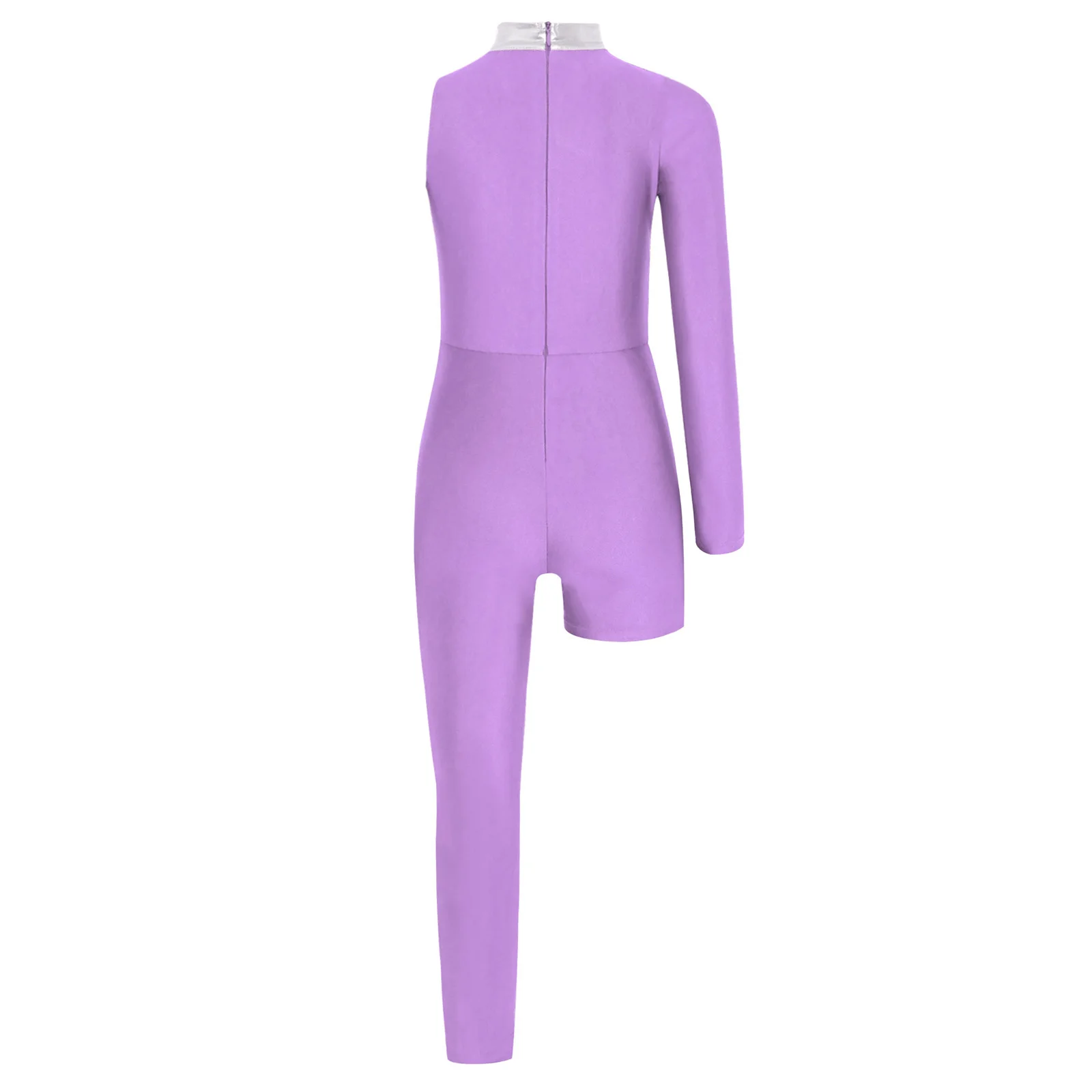 بدلة رقص لامعة للفتيات الصغيرات برقبة وهمية وسحاب خلفي غير مرئي وكتلة ألوان غير متماثلة