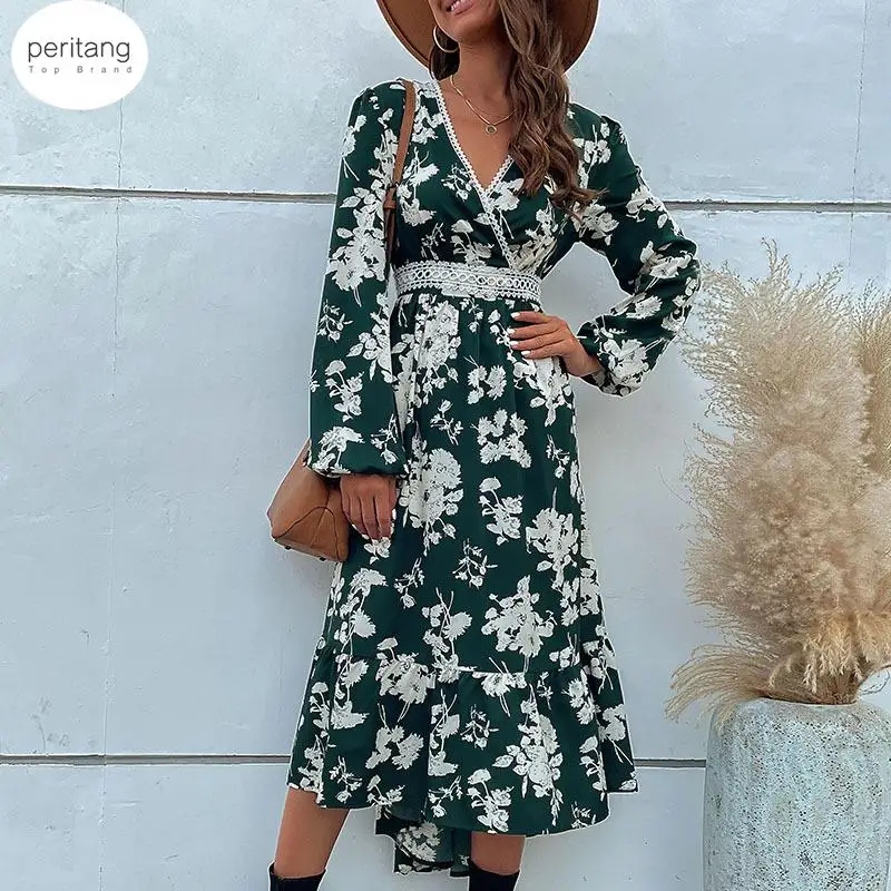 

PERITANG Ruffle Hem Long Sleeve Printed Asymmetrical Dress Vestido Feminino Dresses For Women 2024 Autumn Winter