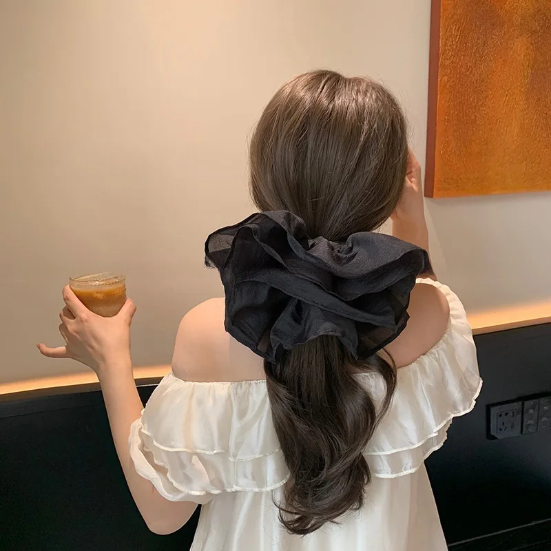 French Large Double Layer Flower Scrunchies White Floral Elastic Hair Ties for Women Ponytail Holder 2026 New Trendy Daily