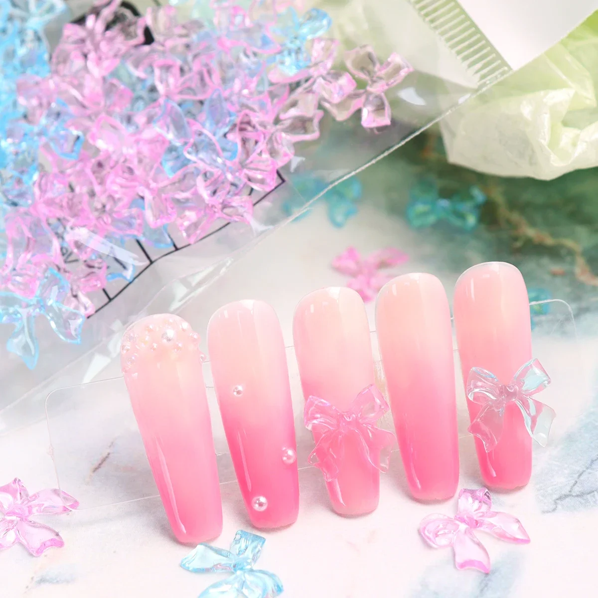 30pcs Macaron Colour Candy Bow 3D Nail Charm Transparent Jelly Nails Rhinestone Resin Decoration Summer Diy Manicure Accessories