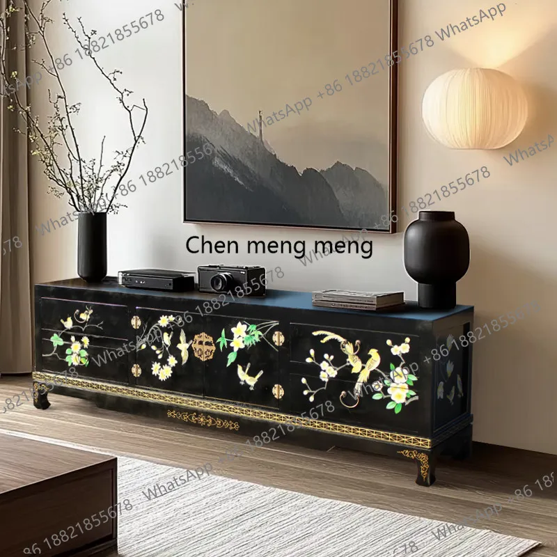 New Chinese solid wood TV cabinet, black painted flower and bird locker, living room with drawers, retro style