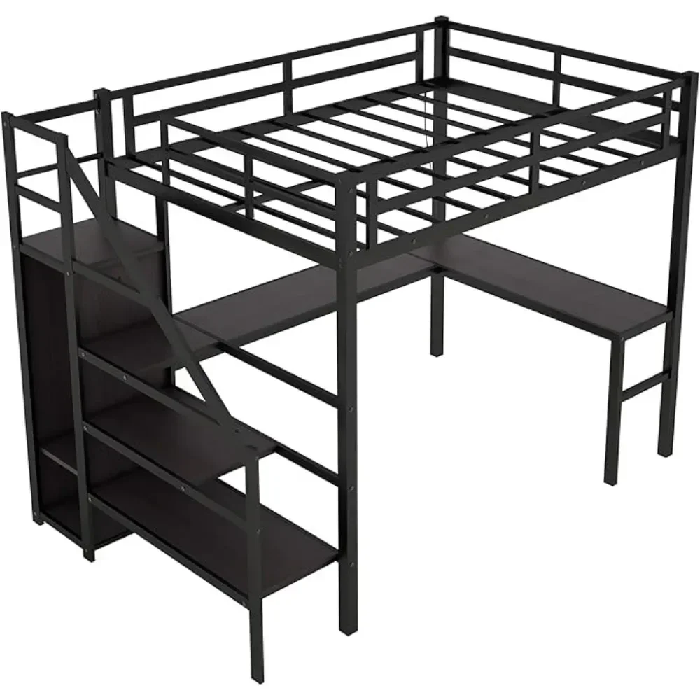 

HighQuality Full-size metal loft bed with desk, staircase, adjustable shelves, LED lights and charging stationUSB port