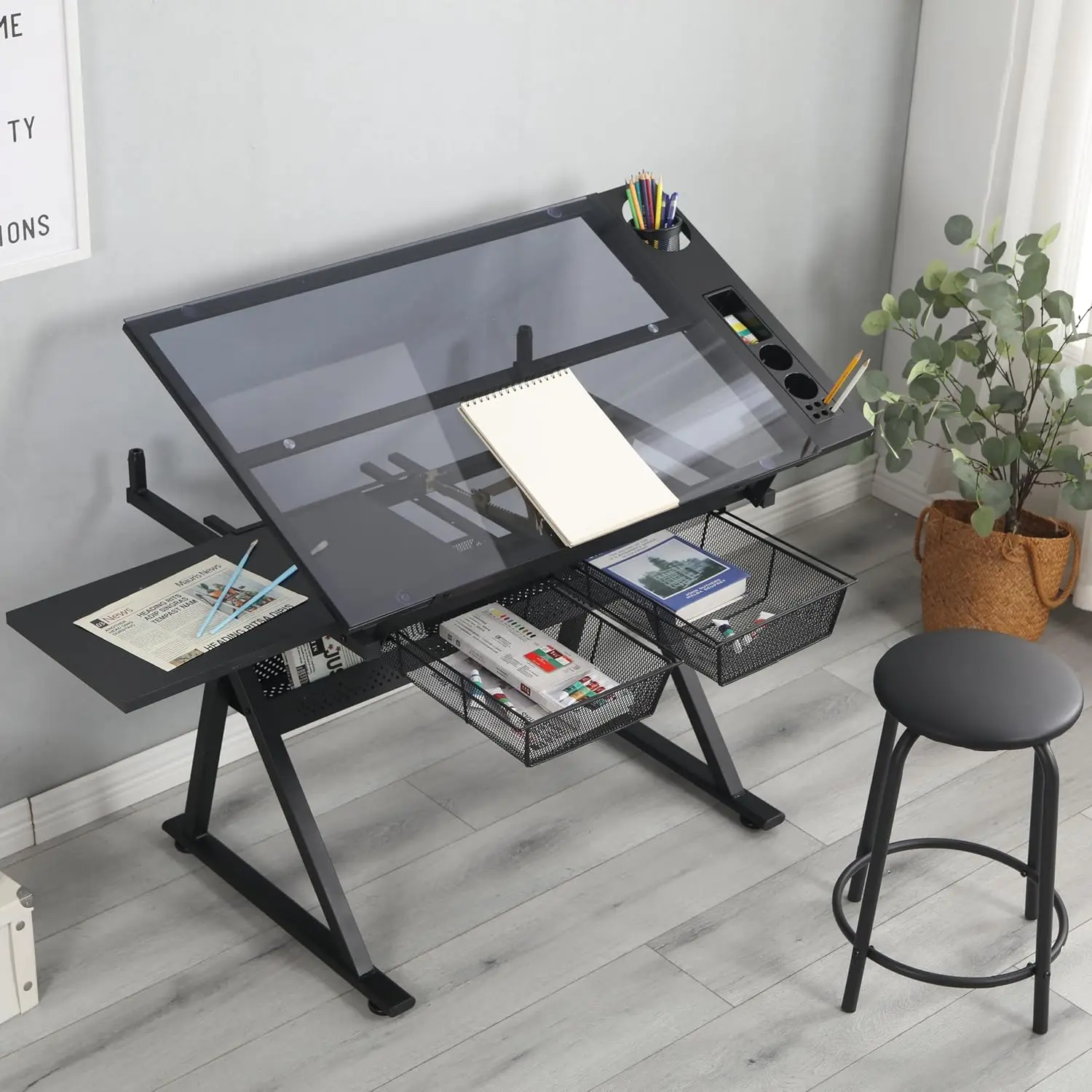 Drafting Table with Stool, Height Adjustable Art Desk - Tilting Tempered Glass, Multi-Storage for Studio, Artists,, Customized