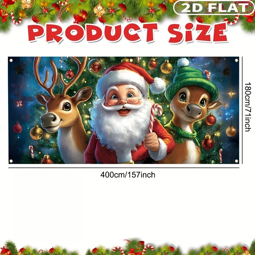 قطعة واحدة من لافتة عيد الميلاد الكبيرة المسطحة ثنائية الأبعاد، لافتة باب جراج عيد الميلاد - تصميم سانتا والرنة، لافتة غطاء بوليستر مقاس 157 × 71 بوصة #2