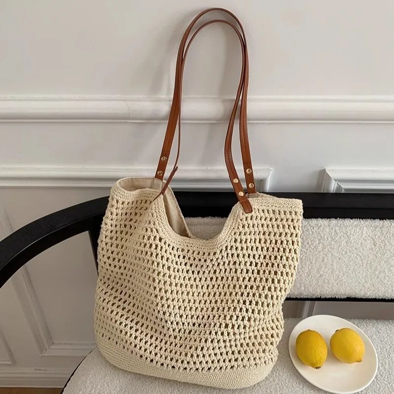 

Summer Woven Straw Shoulder Bags Travel Vacation Women Beach Bag Commuter Large Capacity Hollow Tote Bags Casual Ladies Handbags