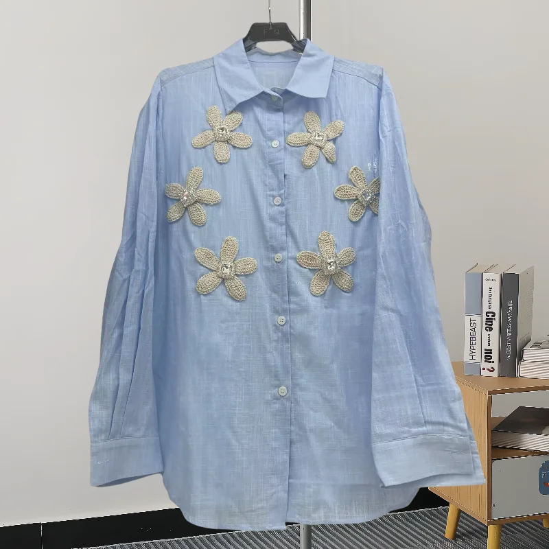 

Black,New,Summer,Korean,Style,Loose,Blouse,Chic,Sexy,Polo collar,Button,Diamonds,Single-breasted,Women,Long Sleeve,Tops,561903