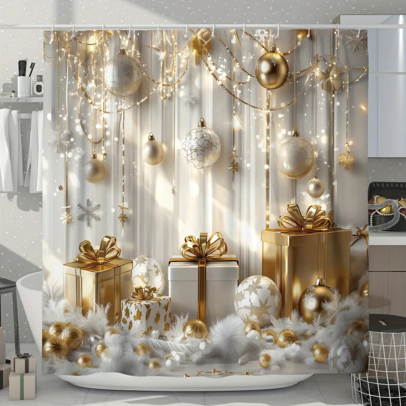 1/4PCs luxury Golden White Christmas shower curtain set with 12hooks, non-slip bath, U-shape toilet lid cover mat, waterproo