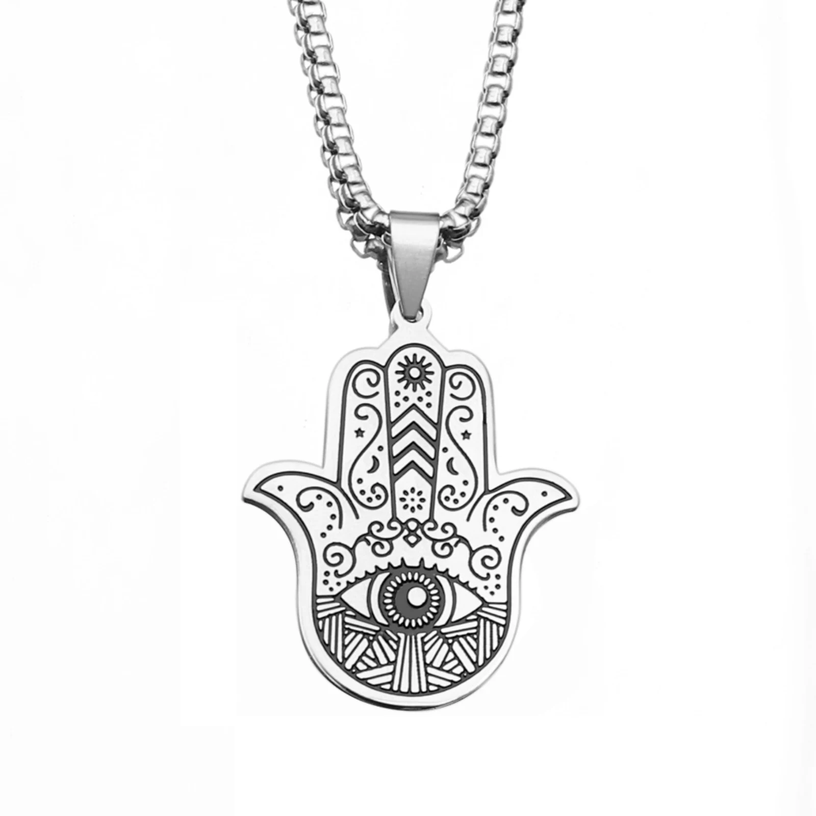 Edelstahl Hamsa Hand der Fatima Anhänger Halskette Böses Auge Amulett Schutzschmuck Geschenk für Männer Frauen – Detail 2