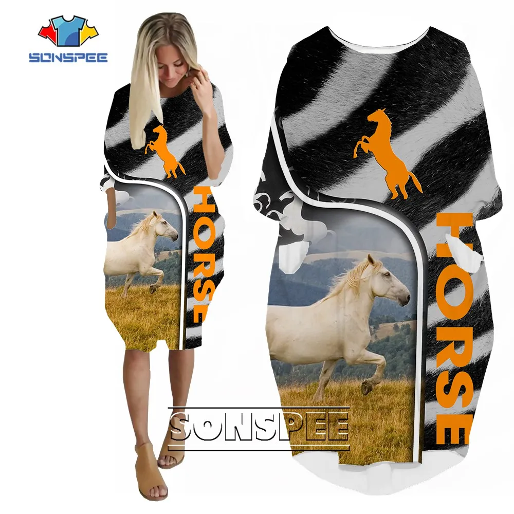 

SONSPEE Zebra Stripe 3D Printing Women's Dress Love Horse Pattern Skirt New Beautiful Horse Graphic Hip Hop Long Sleeve Robe