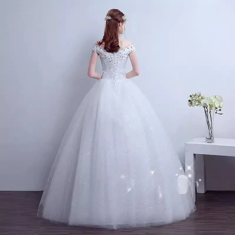 É Yiiya-cristal fora dos vestidos de casamento ombro, Lace Up Bling, lantejoulas, princesa, andar de comprimento, plus size, vestidos de baile noiva, branco