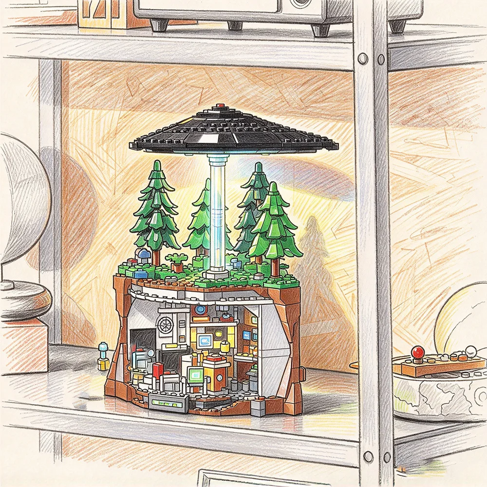 2026 New UFO Scene Building Blocks, Double Layer Underground Research Base Model, Creative Desktop Christmas Gifts