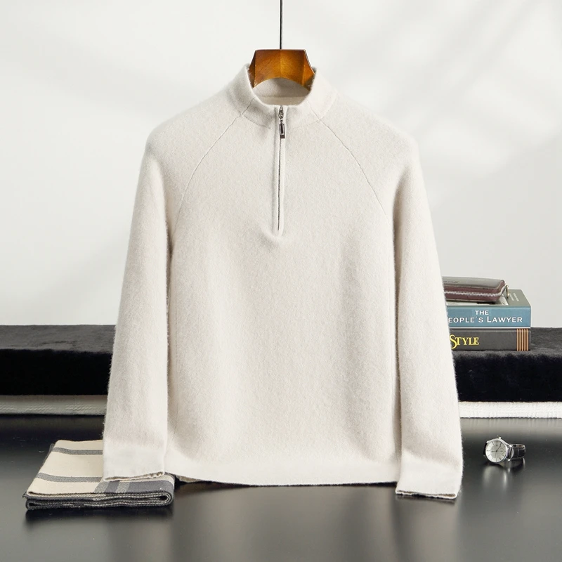Men's 100% Pure Cashmere Knitted Hoodie Half High Collar Zip-Up Autumn Winter Pure Wool Sweater Comfortable Soft Zipper Closure