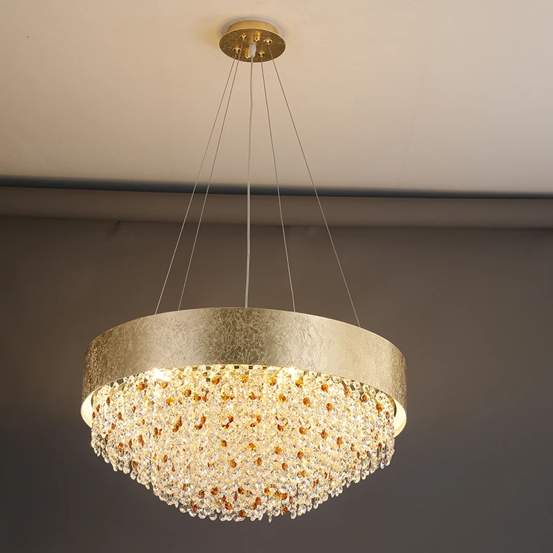 Luxurious Modern Brass Textured Ring Crystal Drop Bowl Style Chandelier Pendant Light for Dining Living Room Home Decor