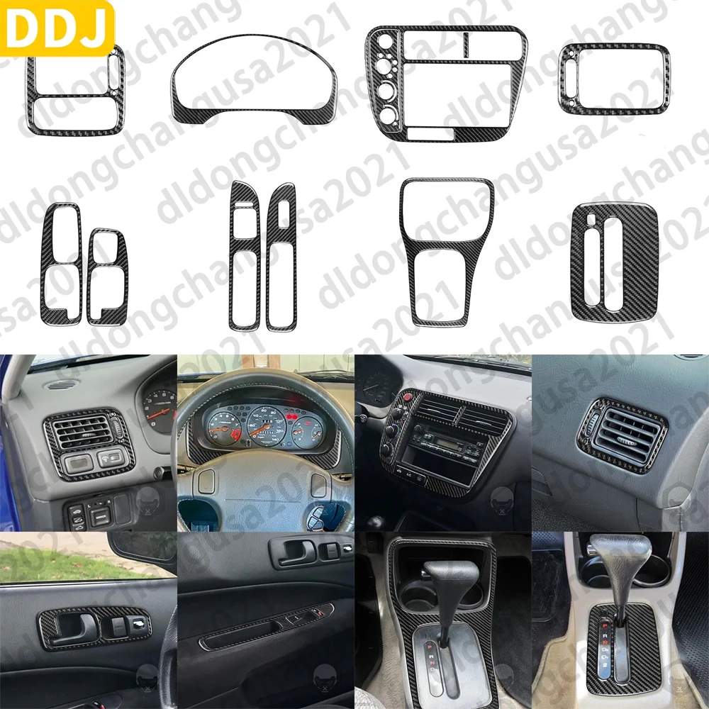 13Pcs Real Carbon Fiber Whole Interior Central Control Dash Gear Shift Vent Trim Kits For Honda Civic 1996 1997 1998 1999 2000