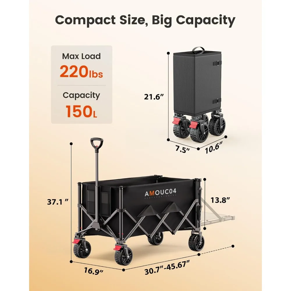 Składany wózek transportowy z możliwością rozszerzania przestrzeni do przechowywania, pojemność 150L, idealny na kemping i na zakupy.