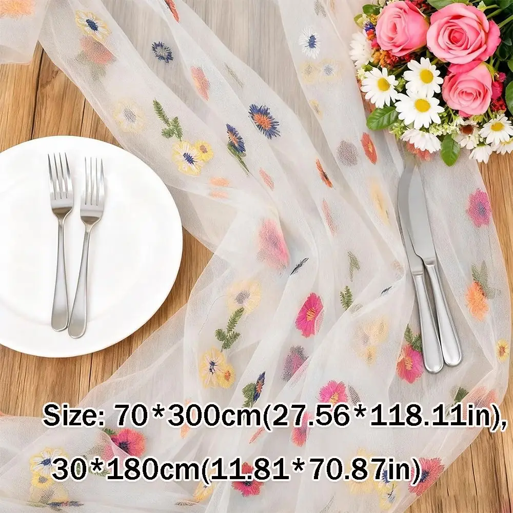 Hot Embroidery Daisy Table Runner Breathable Soft Tulle Table Runner Durable Kitchen Dining Table Decoration Holiday