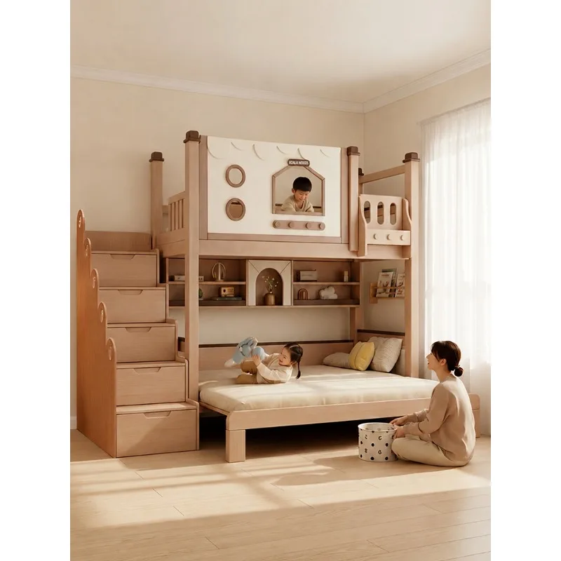 Full solid wood upper and lower bunk beds, retractable small apartments with upper and lower bunks