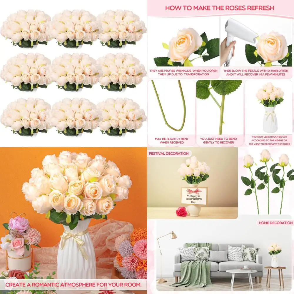 

Artificial Silk Roses 100-Piece Bulk, Long Stem Realistic Fake Flowers for Wedding Centerpieces, Table Vases, and Decorative Bou