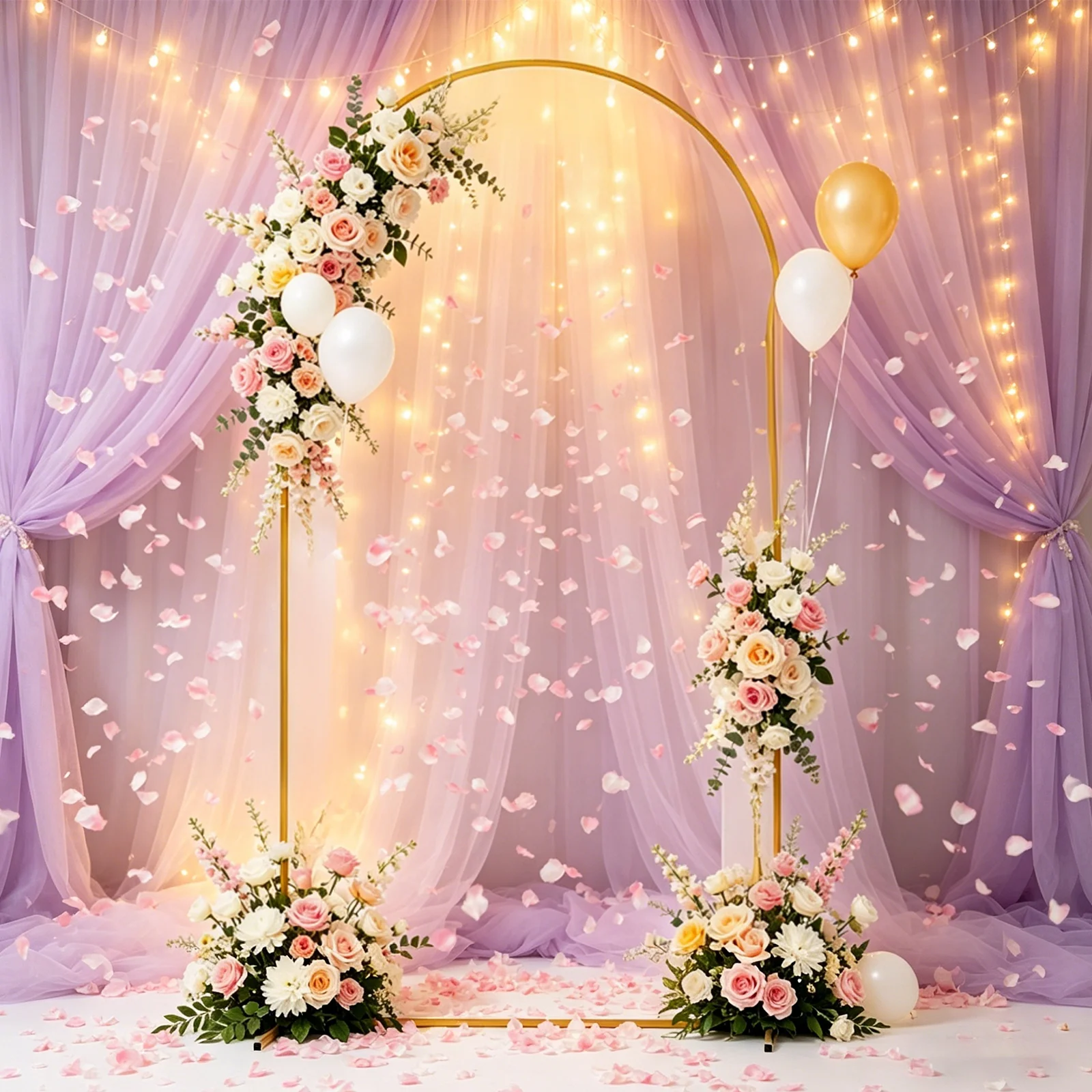 Support de toile de fond autoportant en métal courbé, structure métallique durable antirouille, décorable DIY avec fleurs, tulle et ballons, conception portable pour douche nuptiale, anniversaire,