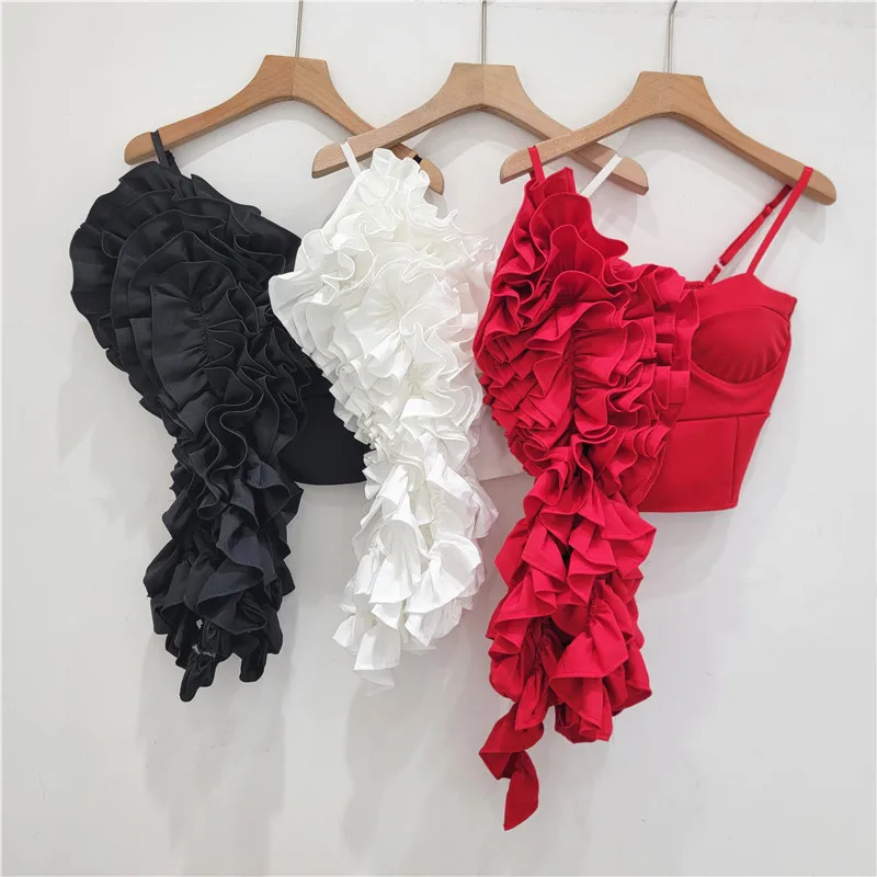 Chic Women Fungus Edge Handmade Big 3D Folds Flowers Tube Top High Waist Ruched Camis Spicy Girl Irregular Vest Straps Tank Tops