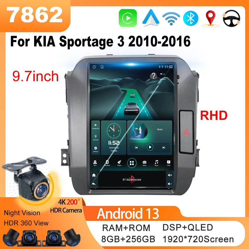 Car Radio For KIA Sportage 3 SL 2010-2016 RHD  Tesla Style Radio Video multimediale GPS Touch Display Rear Camera 7862 CPU