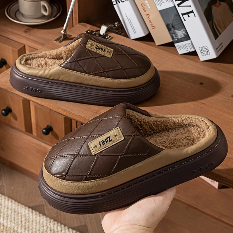 Men's Platform Cotton Slippers Pu Leather Waterproof Non Slip Home Plush Slippers Men Comfortable Soft Thick Sole Warm Slides