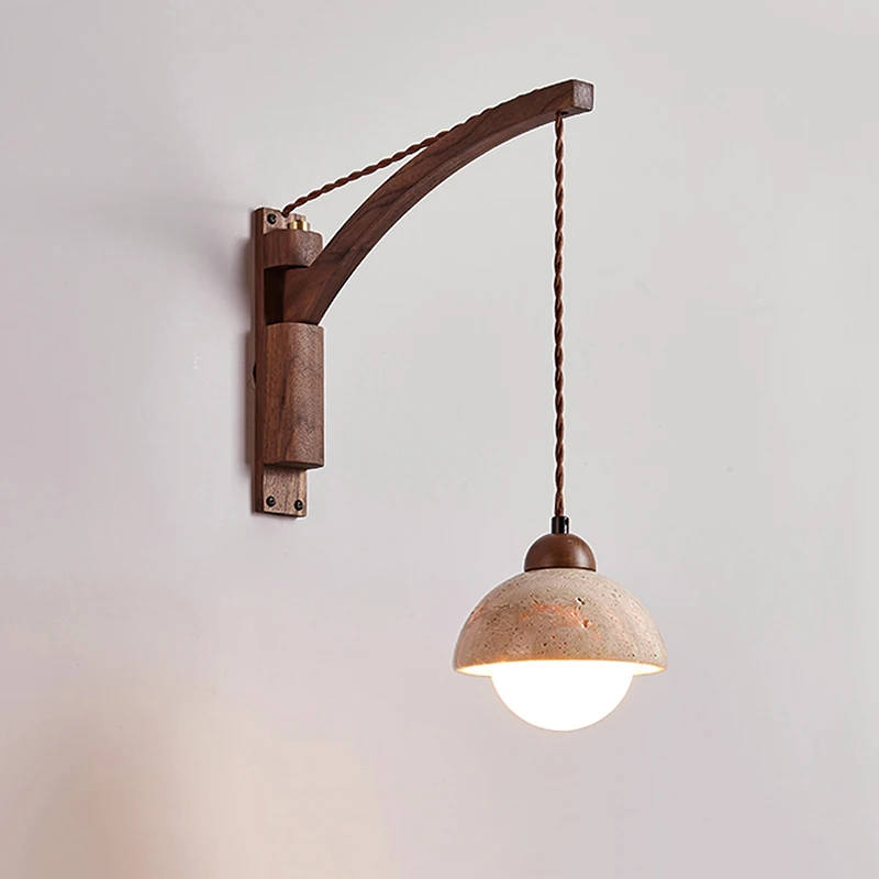 Retro Plug-In With Switch Rotating Folding Arm Light Fixture Wabi Sabi Peach Wood Stone Home Decoration Bedroom Led Wall Lamp