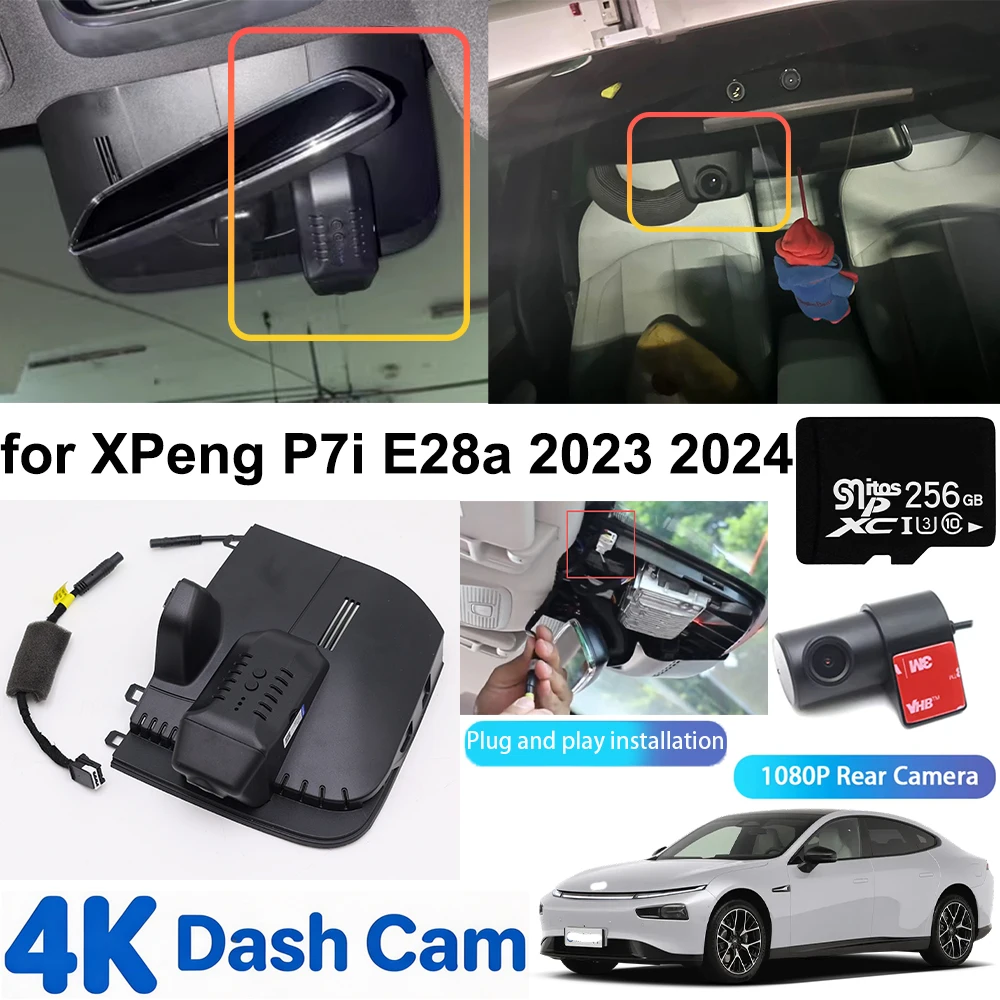 for XPeng P7i E28a 2023 2024 OEM 4K DVR Dash Cam Front Rear Camera WiFi Video Recorder Plug and Play Loop Recording Night Vision