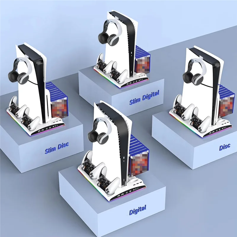 

A13E-Charging Stand, Multifunctional LED Cooling Stand With Charging Station, 2 Controllers For PS5 PS5 SLIM Console