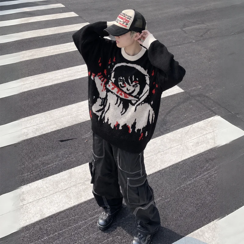 Autumn Winter Men Y2K Grunge Daily Street Outfit Oversized Anime Graphic Knit Pullover Contrast Trim Long Sleeve Sweater