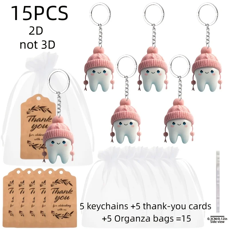 5pcs Cute Teeth Keychain Includes Acrylic 2D Pendant & Thank You Cards & Gift Organza Bags Event Giveaways Packaging Decorations