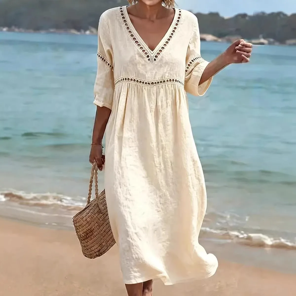 New Summer V Neck Half Sleeve Loose Beach Holiday Dress Women Casual Hollow Out Design Solid Color A-line Midi Dress Boho - AliExpress 200000345 New Summer V Neck Half Sleeve Loose Beach Holiday Dress Women Casual Hollow Out Design Solid Color A-line Midi Dress Boho - AliExpress 200000345