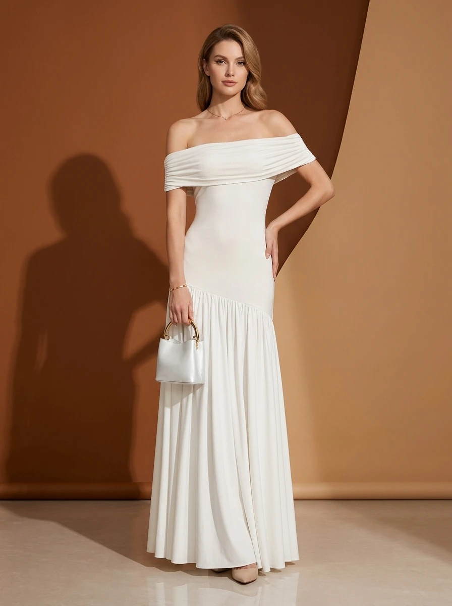 Womens White Off Shoulder Ruffle Maxi Dress