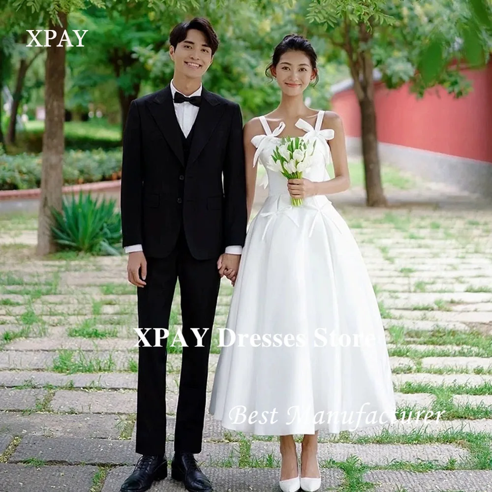 

XPAY Elegant White Wedding Party Dresses Straps White Ribbons Bride Gowns Ankle length Formal Party Dress Customized 2025