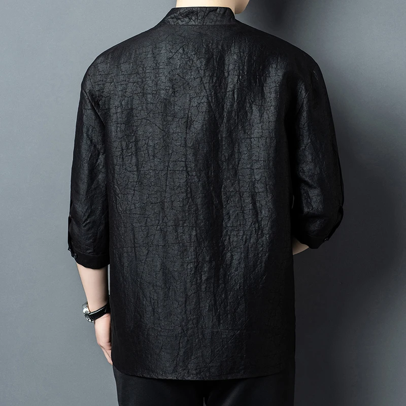 Covered Button Real Silk 100% Shirts For Men Half Sleeved Loose Summer Quality Gambiered Canton Softness Gauze Camisas De Hombre