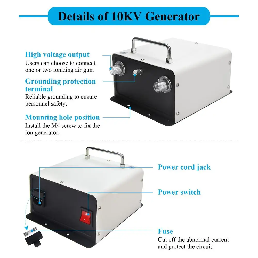 10KV Industrial Ionizing Air Gun Anti Static Ionizer Electrostatic Elimination Generator 110V High Voltage Output 70W Tungsten