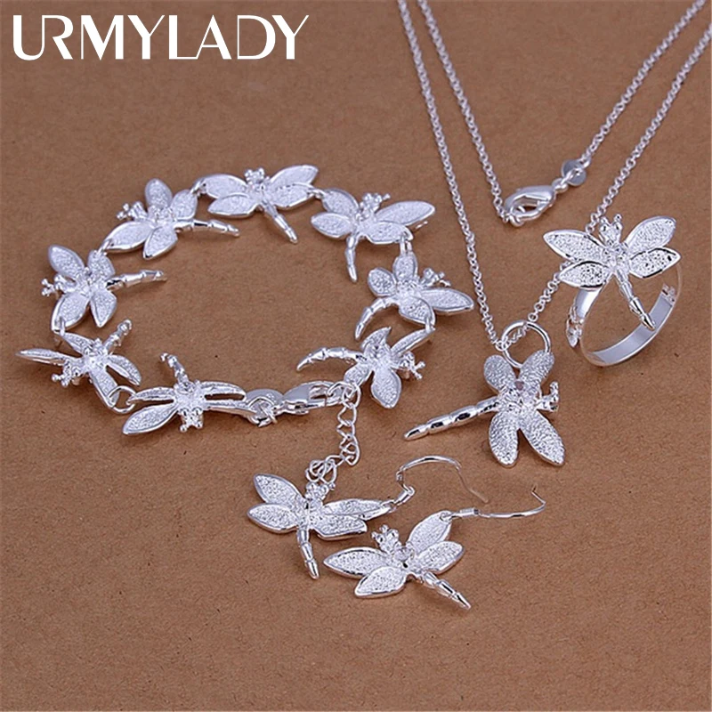 Fashion Luxury 925 Sterling Silver Crystal dragonfly pendant necklace earring bracelet rings for women Popular Jewelry set gifts