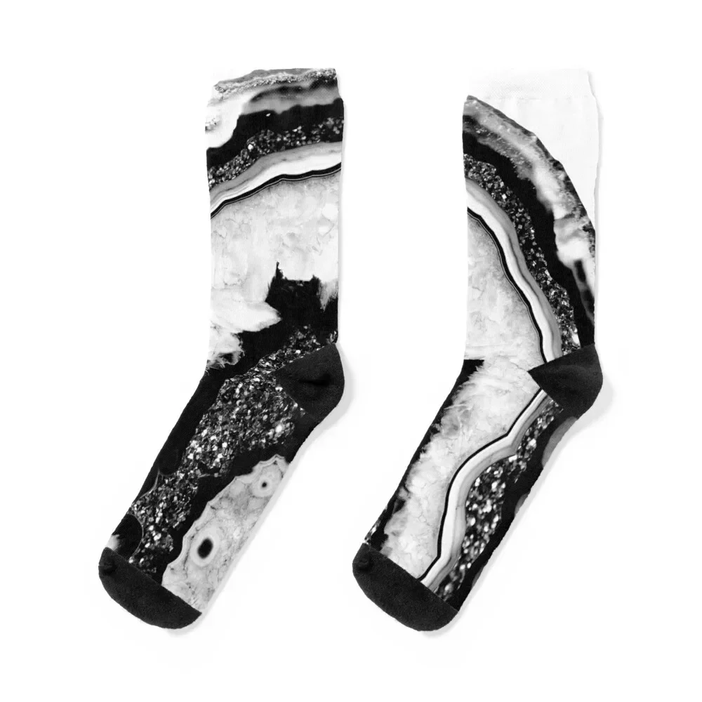 Gray Black White Agate with Black Silver Glitter #2a (Faux Glitter) #gem #decor #art Socks Rugby anti-slip Ladies Socks Men's