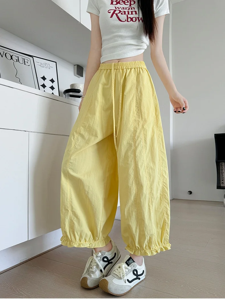 Women's Summer Lightweight Breathable Lace-Trimmed Wide-Leg Pants Slimming Loose-Fit Casual Straight-Leg Ruffle-Trimmed Bell-Bot