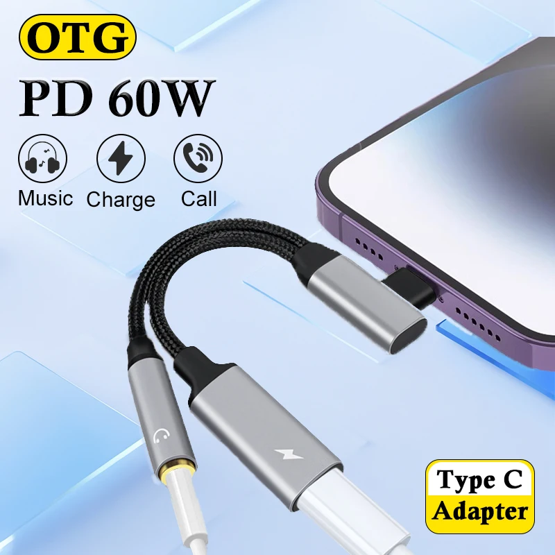 OTG 2 in 1 Elbow Usb Type C to 3.5mm HiFi Earphone Jack PD 30W Super fast charge Audio Aux Adaptor For iPhone 16 Galaxy S24 S23