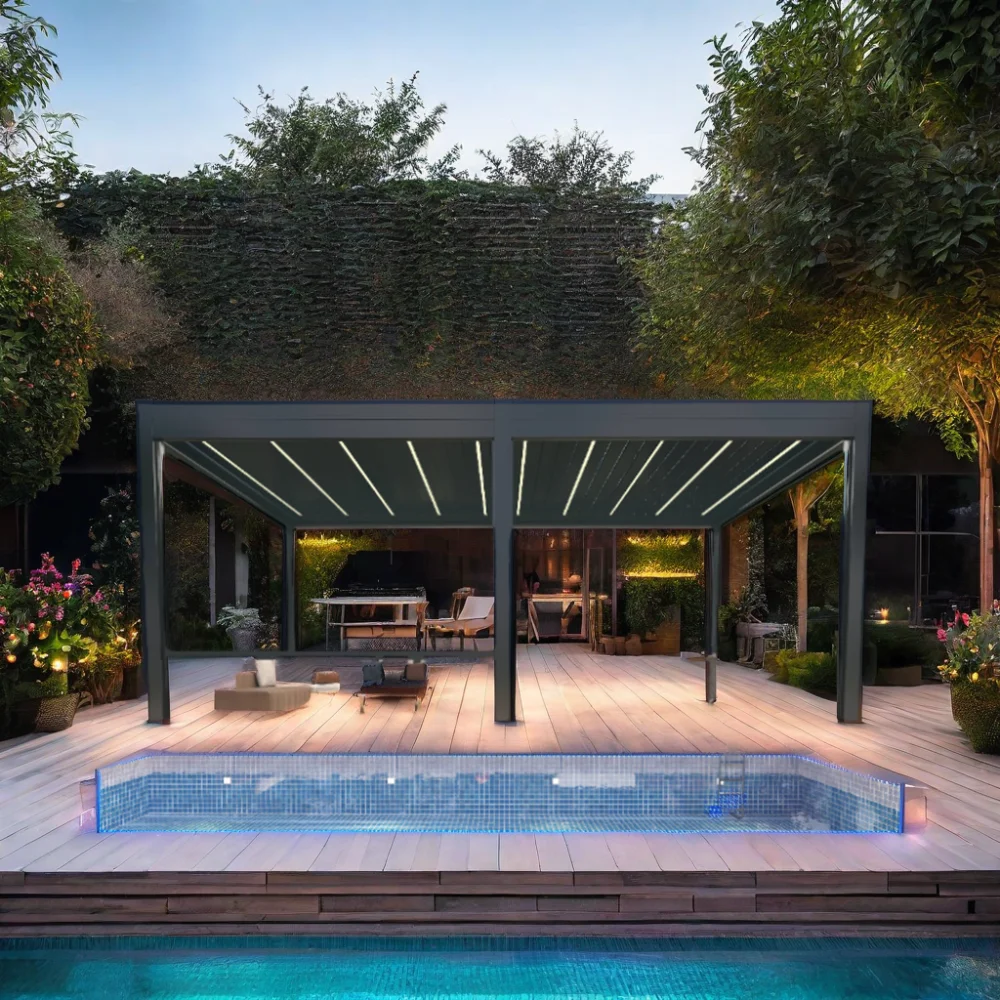 Retractable Motorized LED Light Modern Arch Pergola with Remote Control Outdoor Shade-Aluminum Construction