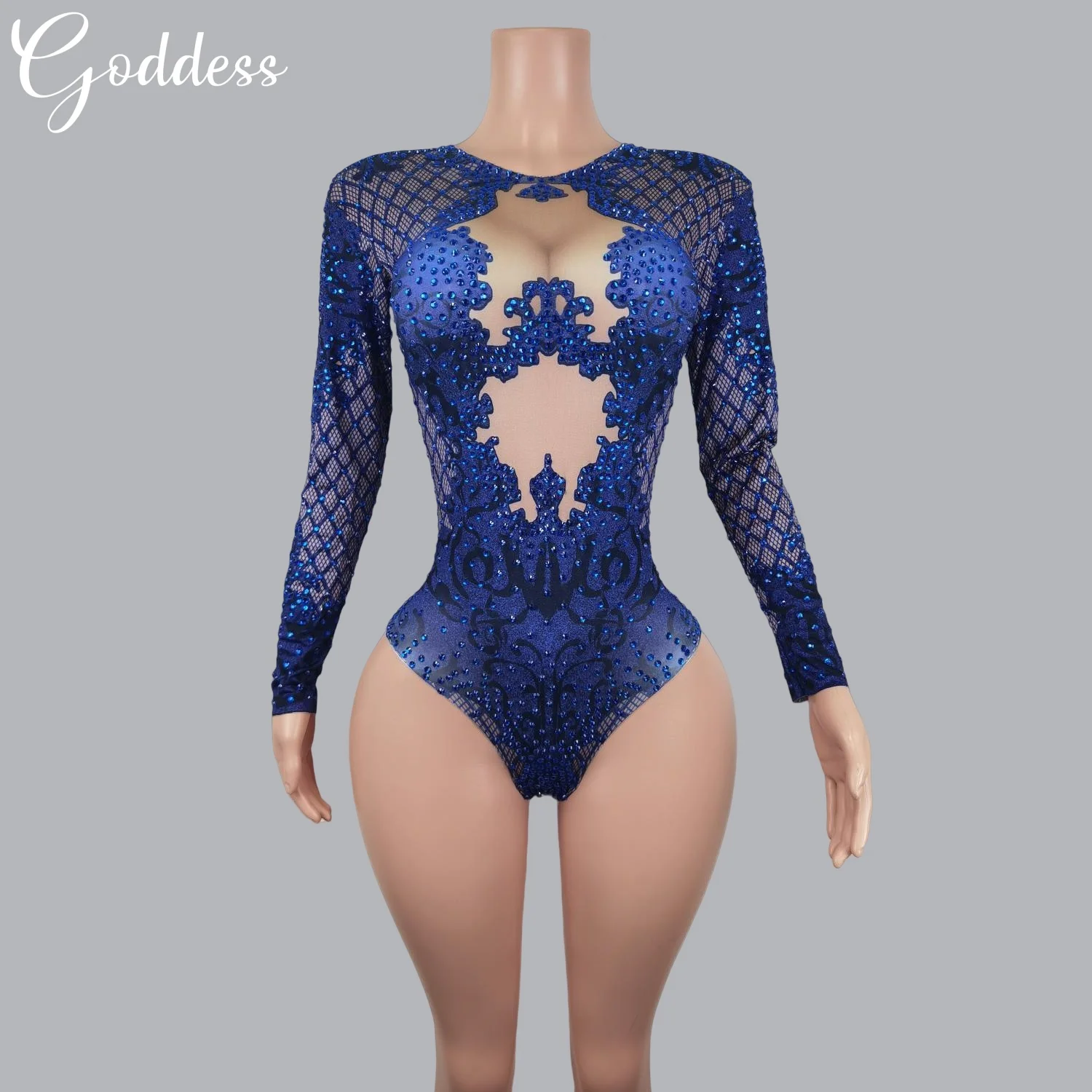 

Sparkling Rhinestone Party Bodysuit Women Sexy Stretch Blue Crystal Prom Jumpsuit Nightclub Jazz Dancer Leotard Stage Costumes