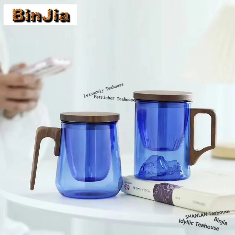 

Walnut Wooden Handle Lid Filter Klein Blue Glass Tea Water Separation Scented Tea Cup Office Flower Tea Separation Tea Mug Craft